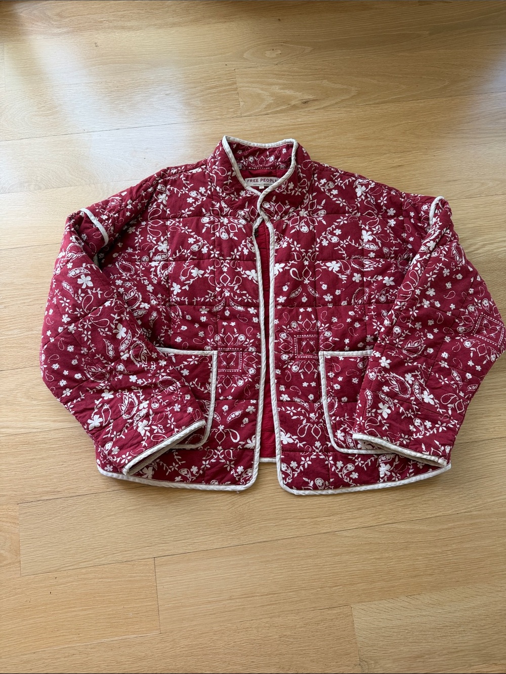 Free People Red Quilted Floral Puffer Jacket with Cream Trim
